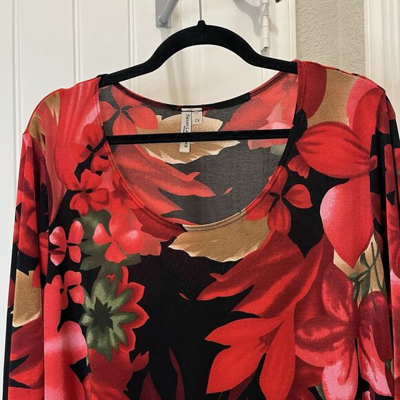 Susan Lawrence Red Tan Floral Stretchy Slinky Long Sleeve Top Womens Size 2X - Picture 2 of 10
